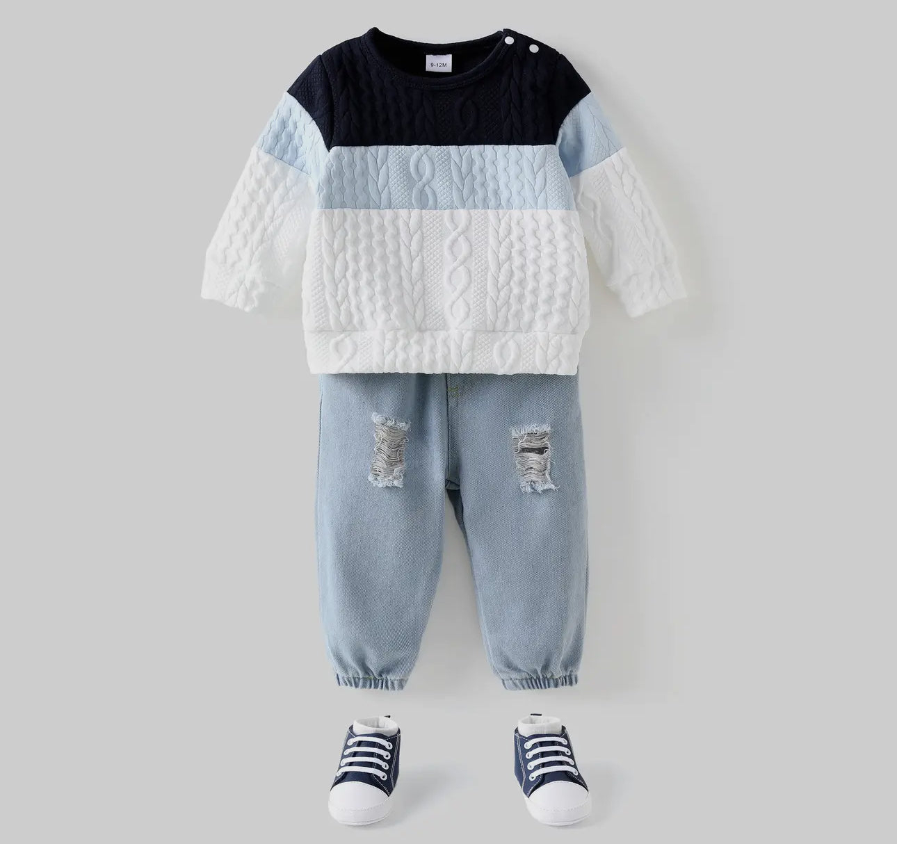 Baby Boy Sweatshirt & Denim Ripped Jeans w/ Socks & Canvas Shoes